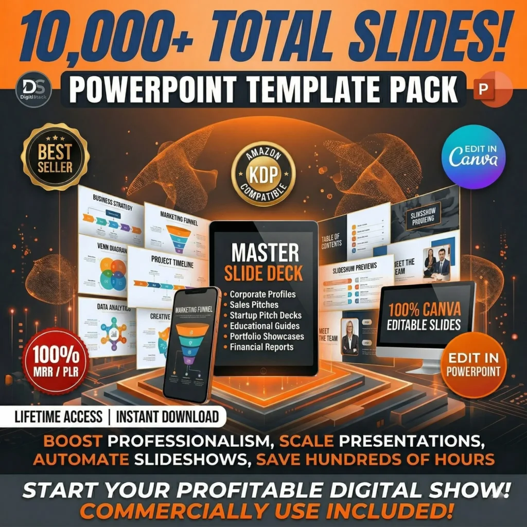 10,000+ PowerPoint templates mega pack with Canva editable slides for business presentations and digital products